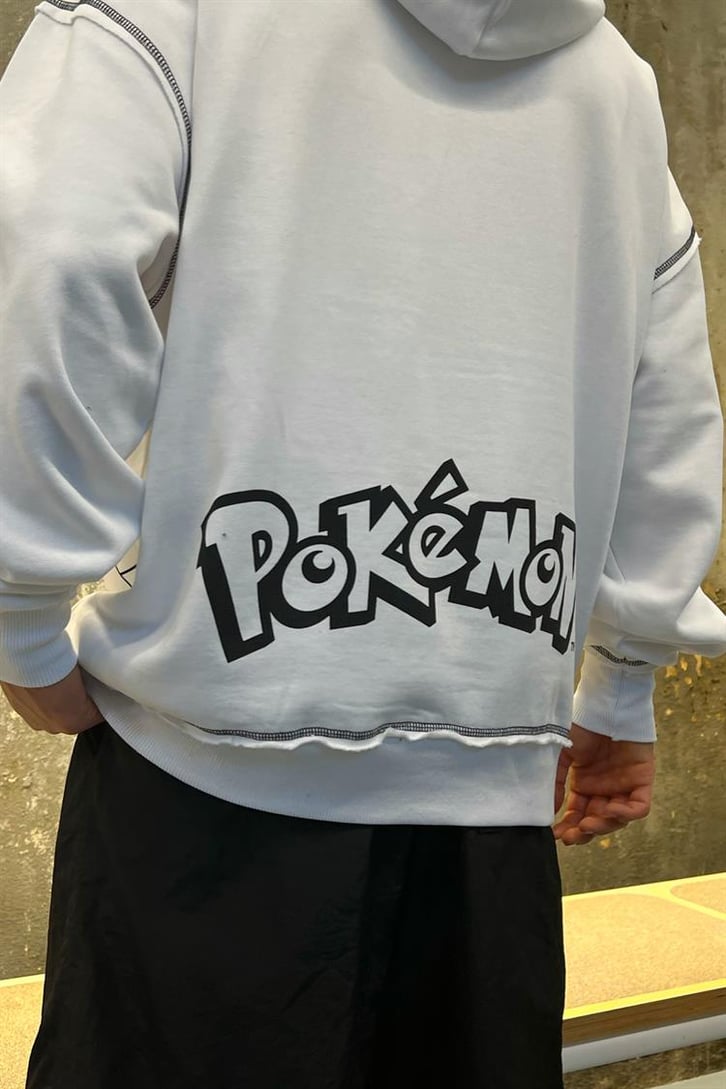 Poke Meowth Baskılı Beyaz Oversize Hoodie