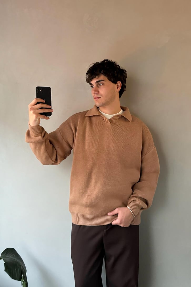 Polo Yaka Basic Camel Triko Kazak