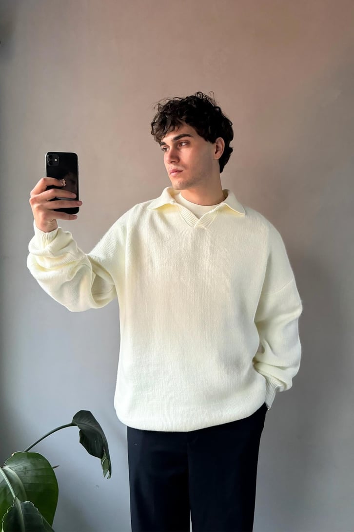 Polo Yaka Basic Ekru Triko Kazak