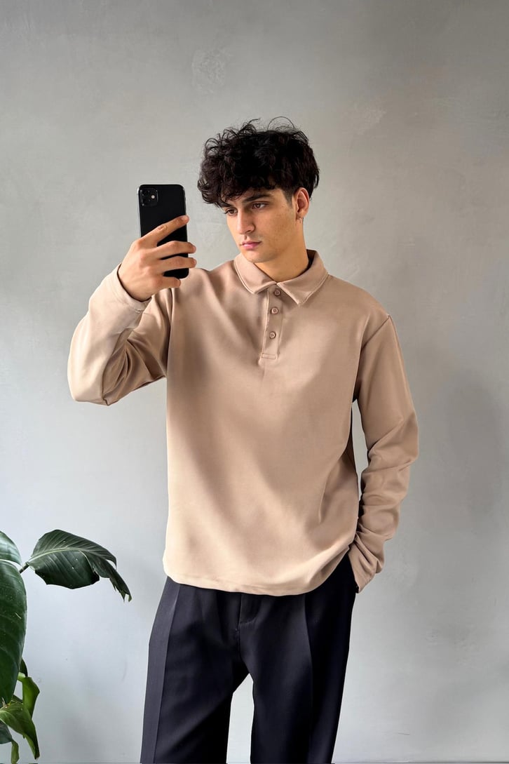 Polo Yaka Basic Oversize Sweatshirt