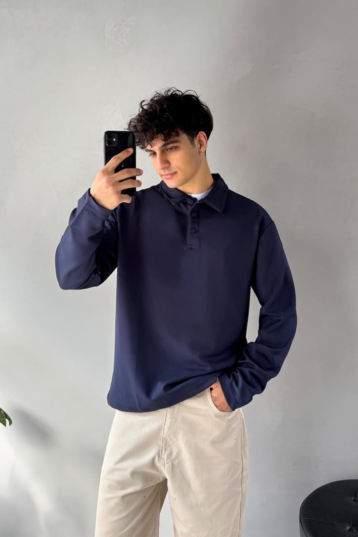 Polo Yaka Basic Oversize Sweatshirt