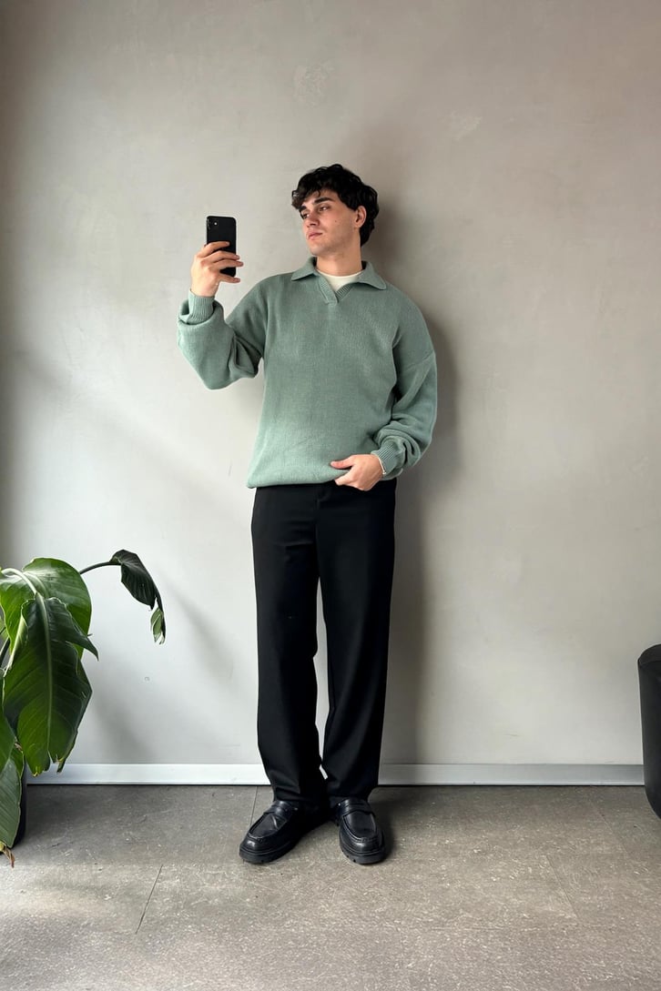 Polo Yaka Basic Yeşil Triko Kazak