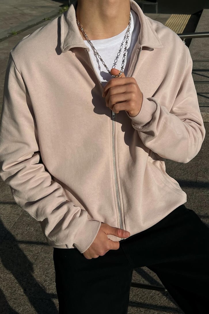 Polo Yaka Bej Zipper Ceket