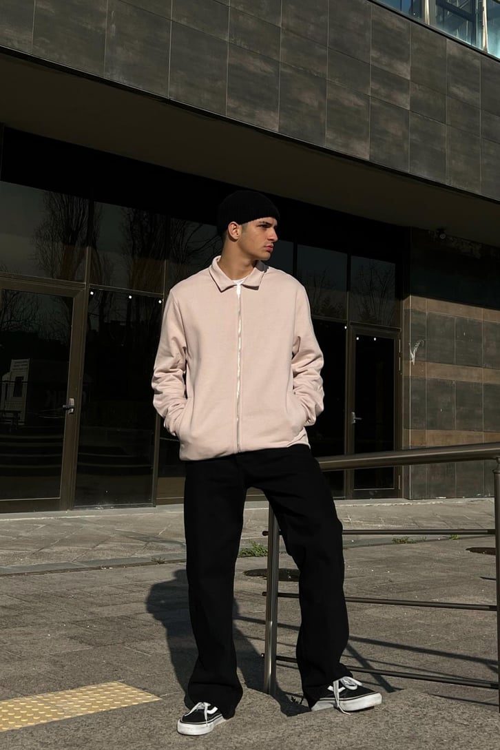 Polo Yaka Bej Zipper Ceket
