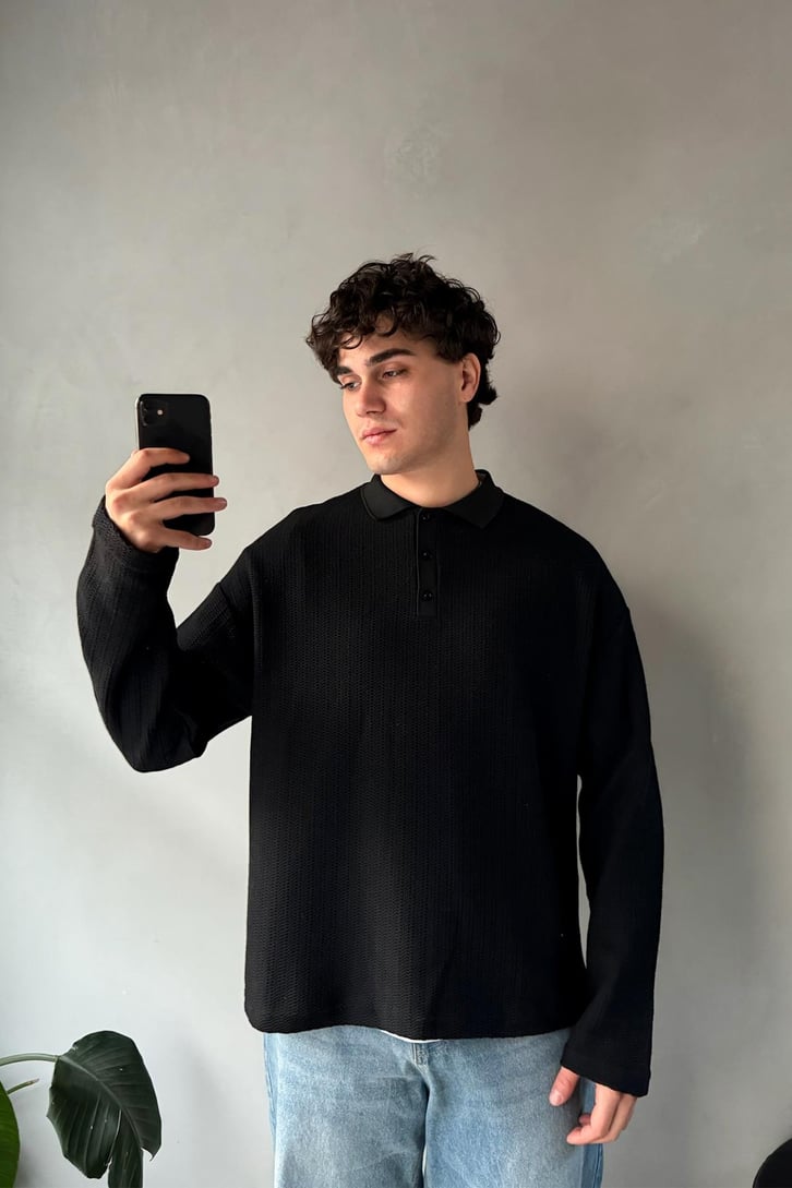 Polo Yaka Dokulu Oversize Sweatshirt