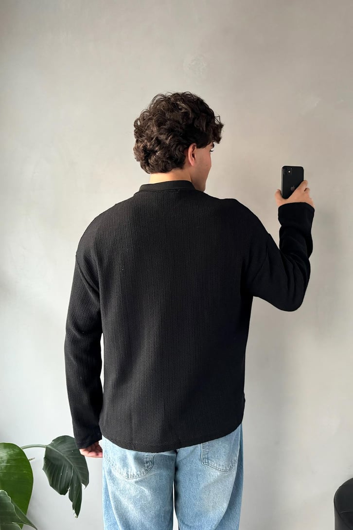 Polo Yaka Dokulu Oversize Sweatshirt