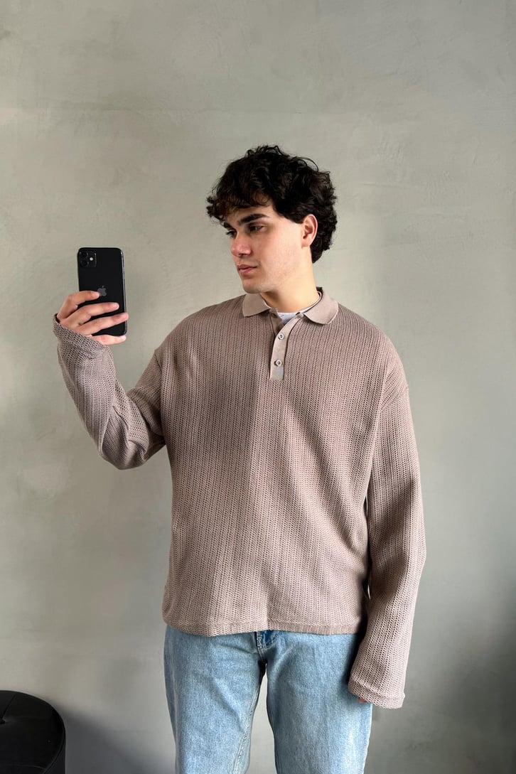 Polo Yaka Dokulu Oversize Sweatshirt