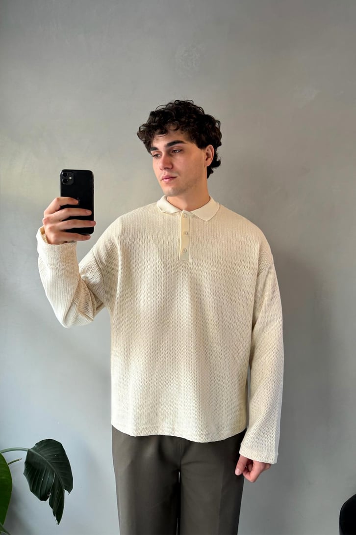 Polo Yaka Dokulu Oversize Sweatshirt