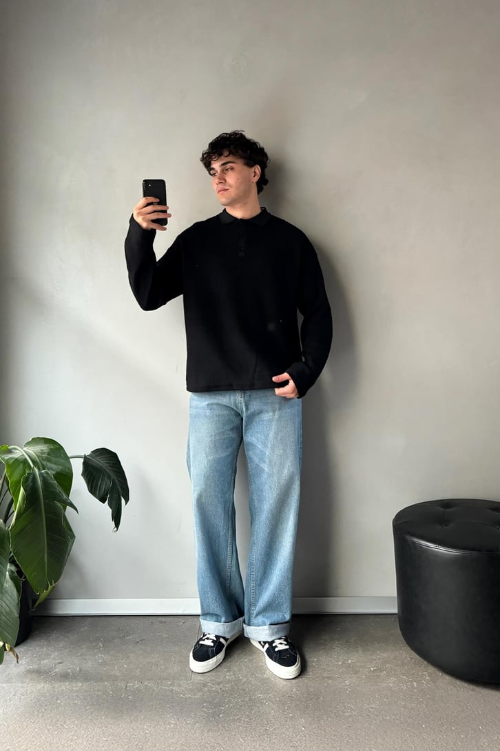 Polo Yaka Dokulu Oversize Sweatshirt