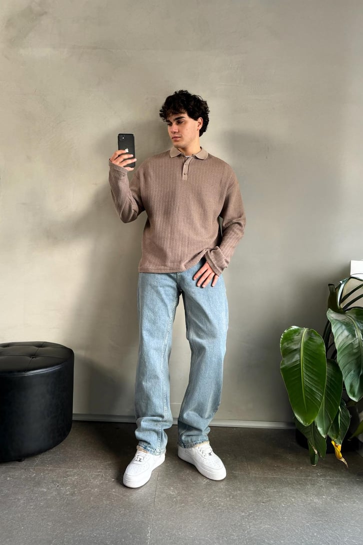 Polo Yaka Dokulu Oversize Sweatshirt