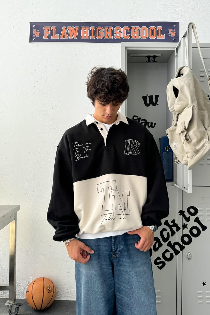 Polo Yaka Double Color Oversize Sweatshirt