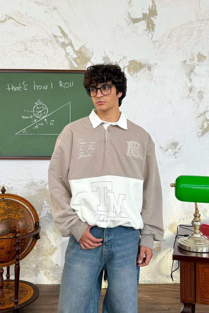 Polo Yaka Double Color Oversize Sweatshirt