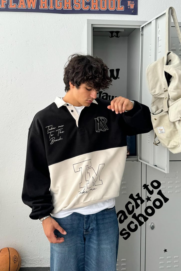 Polo Yaka Double Color Oversize Sweatshirt