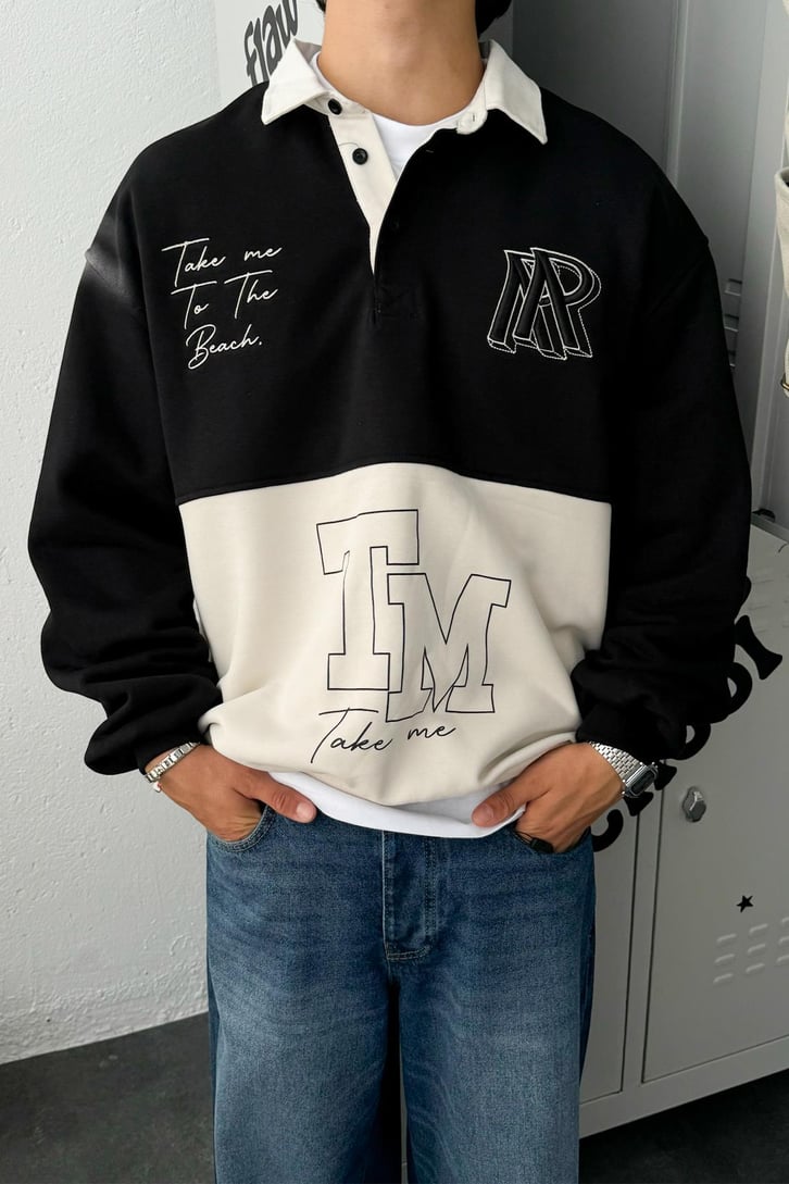 Polo Yaka Double Color Oversize Sweatshirt