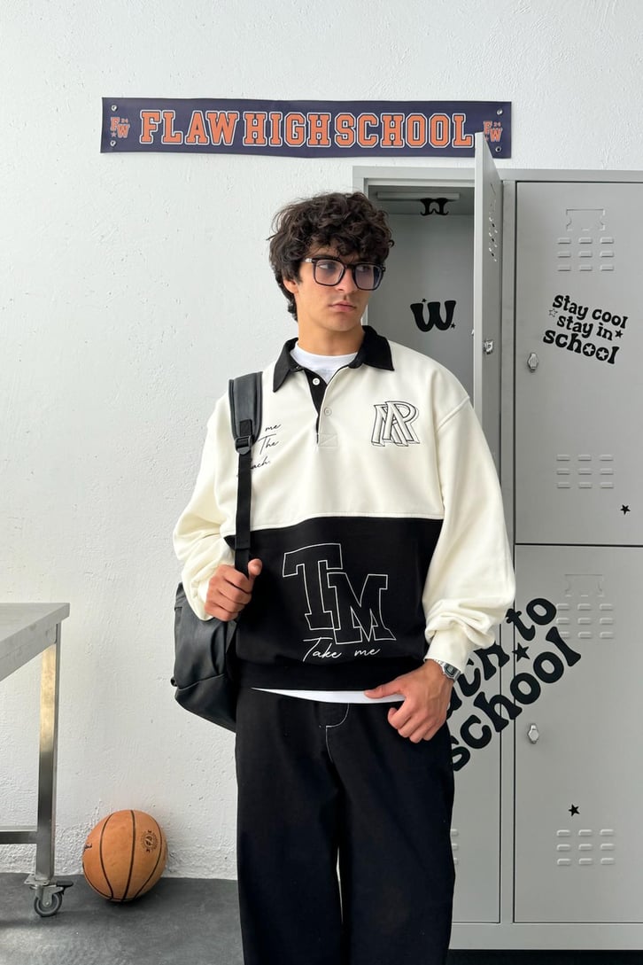 Polo Yaka Double Color Oversize Sweatshirt