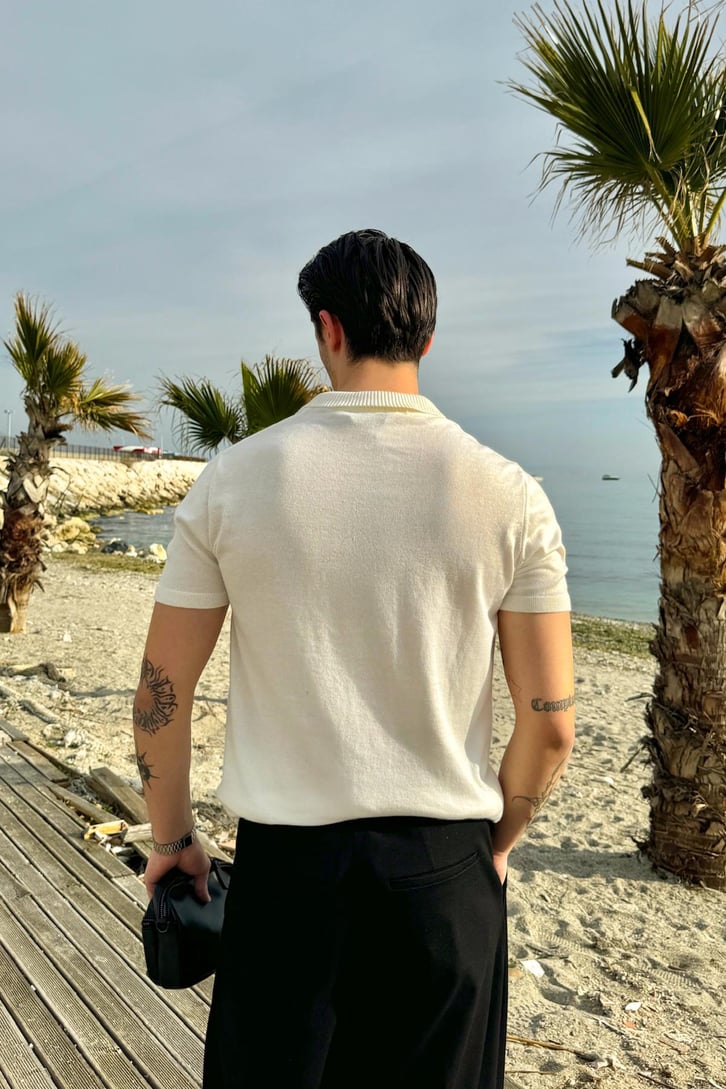 Polo Yaka Ekru Triko Tişört