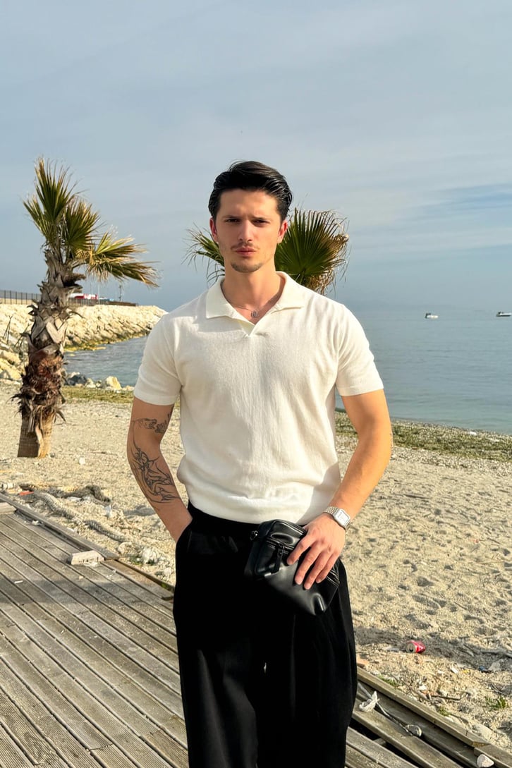 Polo Yaka Ekru Triko Tişört
