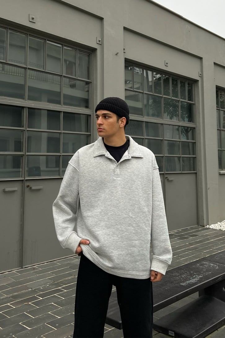 Polo Yaka Gri Sweatshirt