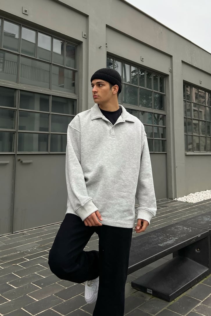 Polo Yaka Gri Sweatshirt