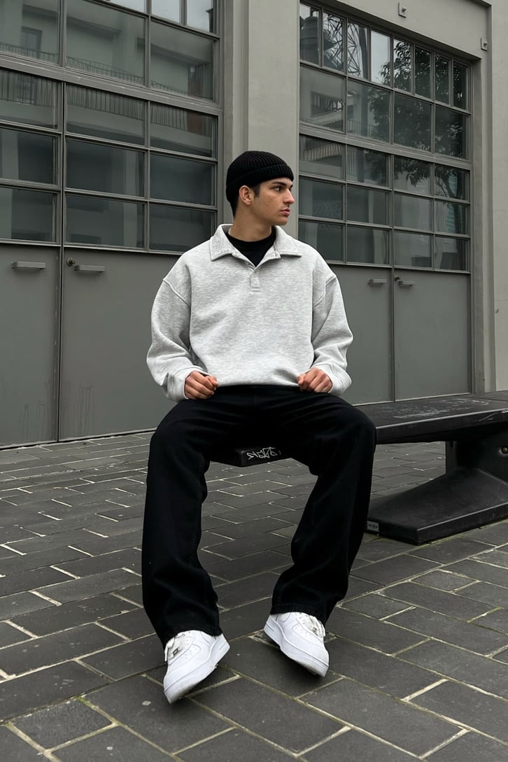 Polo Yaka Gri Sweatshirt