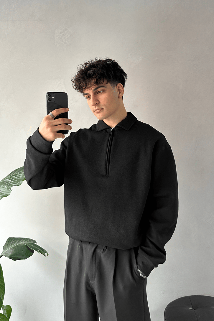 Polo Yaka Half Zip Pike Kumaş Sweatshirt