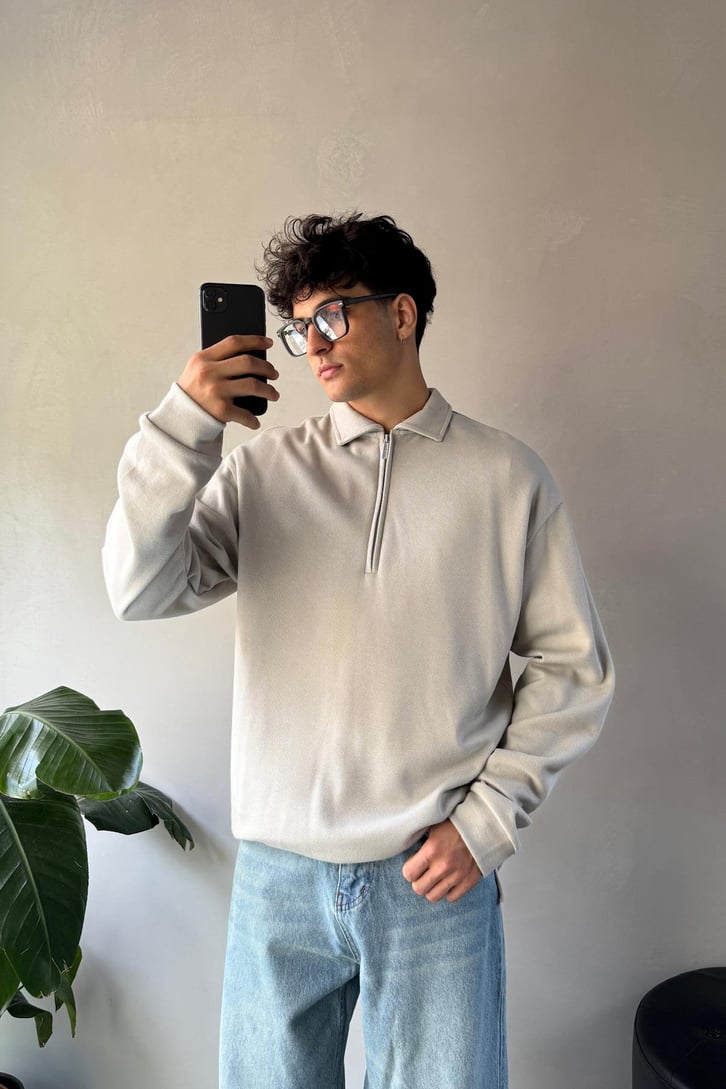 Polo Yaka Half Zip Pike Kumaş Sweatshirt