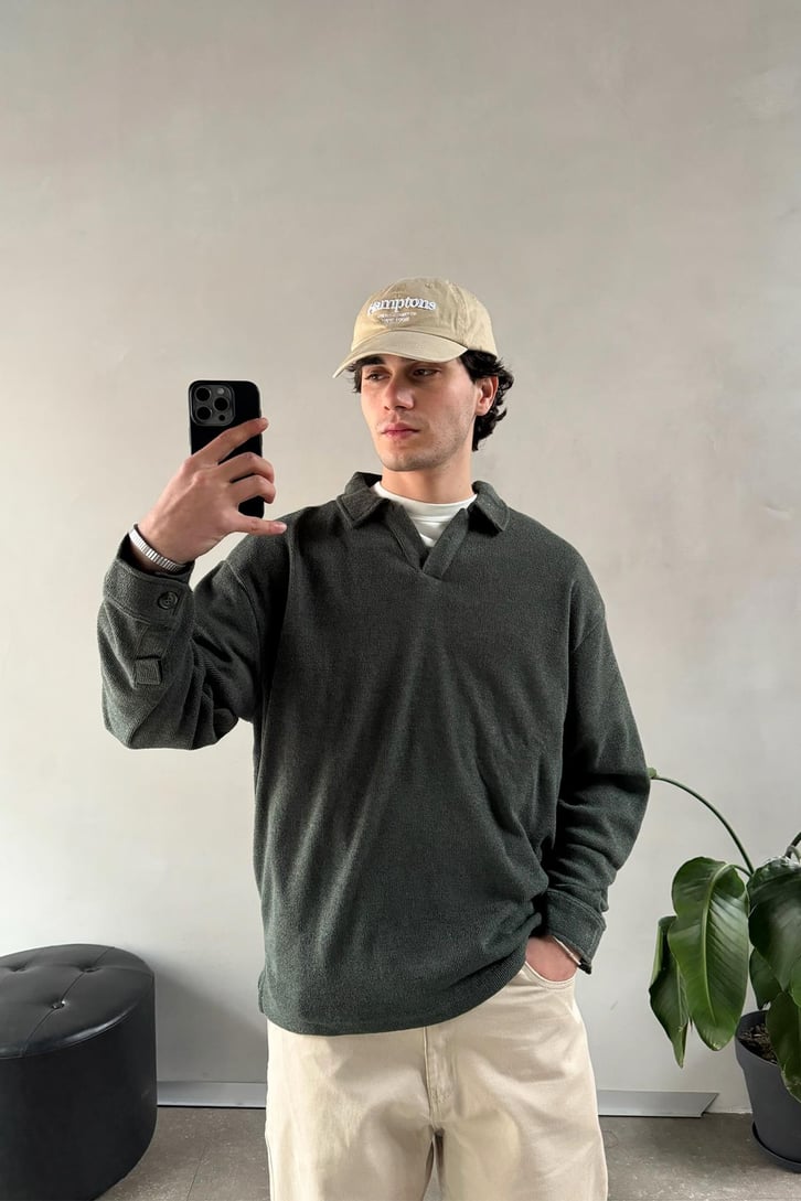 Polo Yaka Kol Düğmeli Sweatshirt
