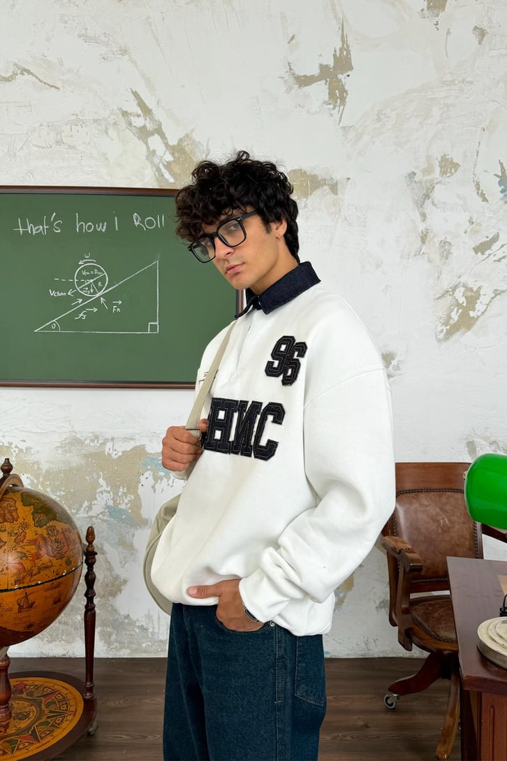 Polo Yaka Kot 3D Baskılı Sweatshirt