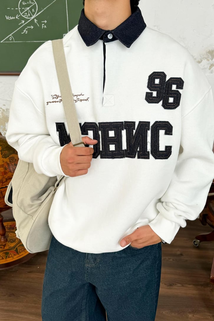 Polo Yaka Kot 3D Baskılı Sweatshirt