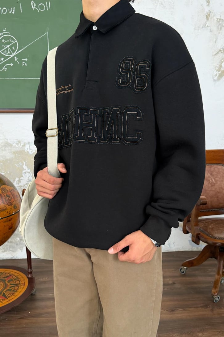 Polo Yaka Kot 3D Baskılı Sweatshirt