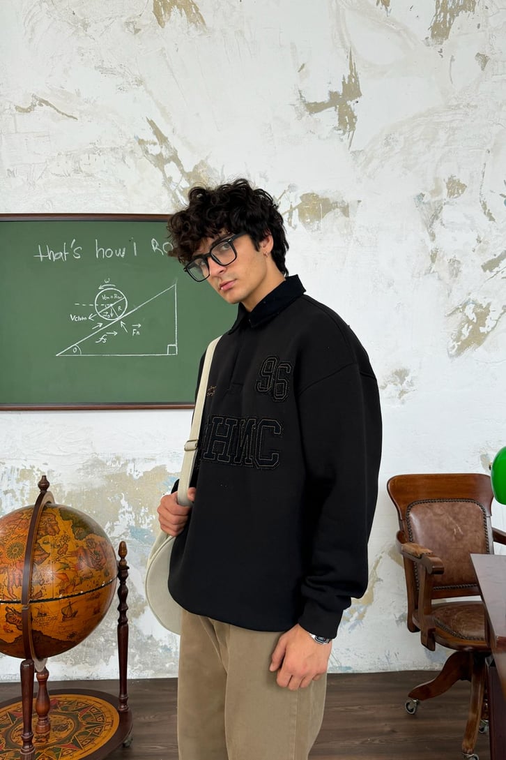 Polo Yaka Kot 3D Baskılı Sweatshirt