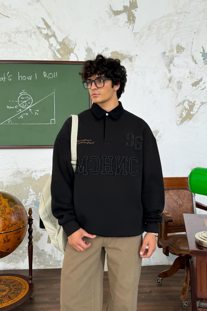 Polo Yaka Kot 3D Baskılı Sweatshirt