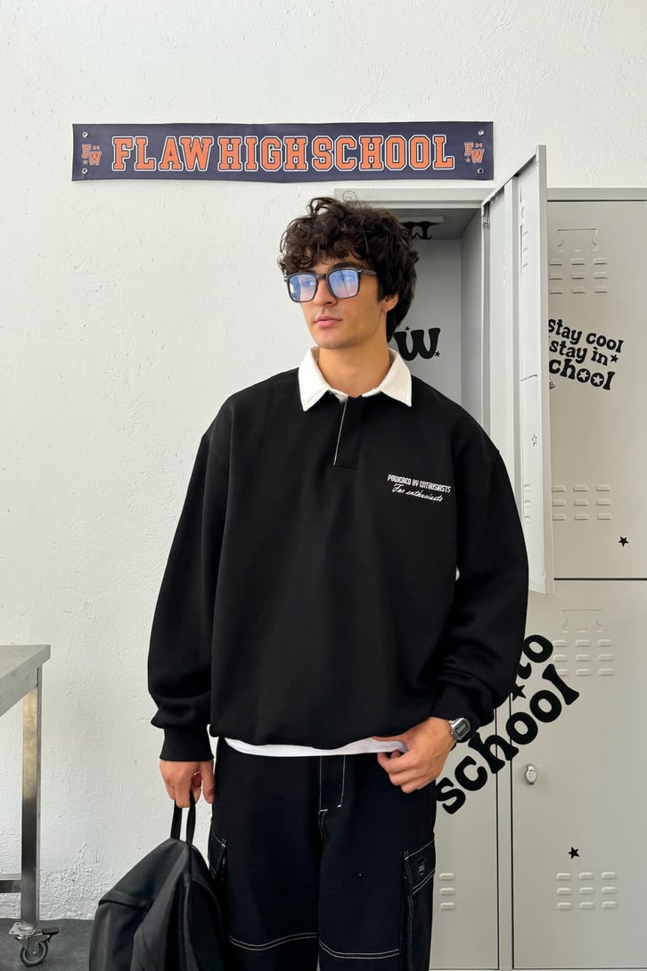 Polo Yaka Nakışlı Oversize Sweatshirt
