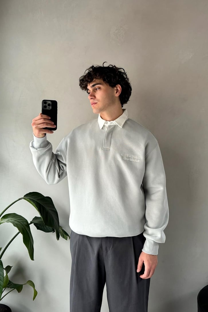Polo Yaka Nakışlı Oversize Sweatshirt