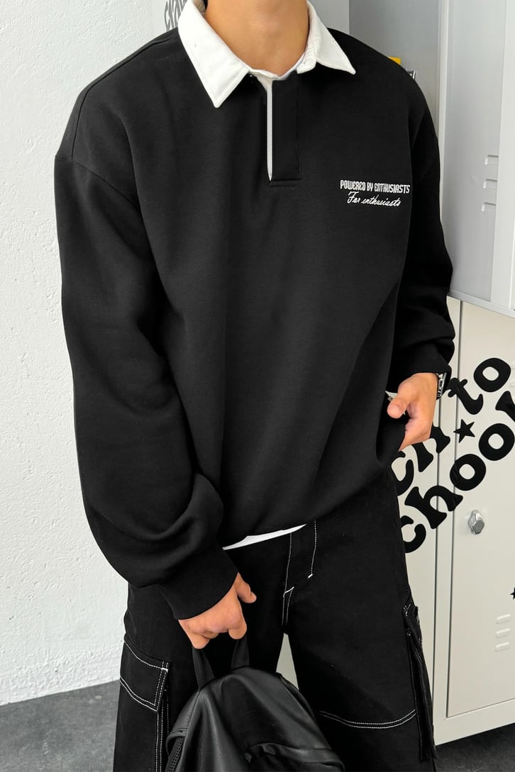 Polo Yaka Nakışlı Oversize Sweatshirt