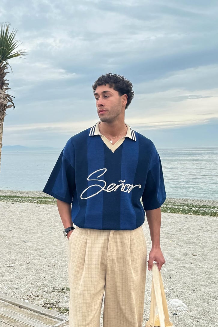 Polo Yaka Senor Nakışlı Triko Tişört