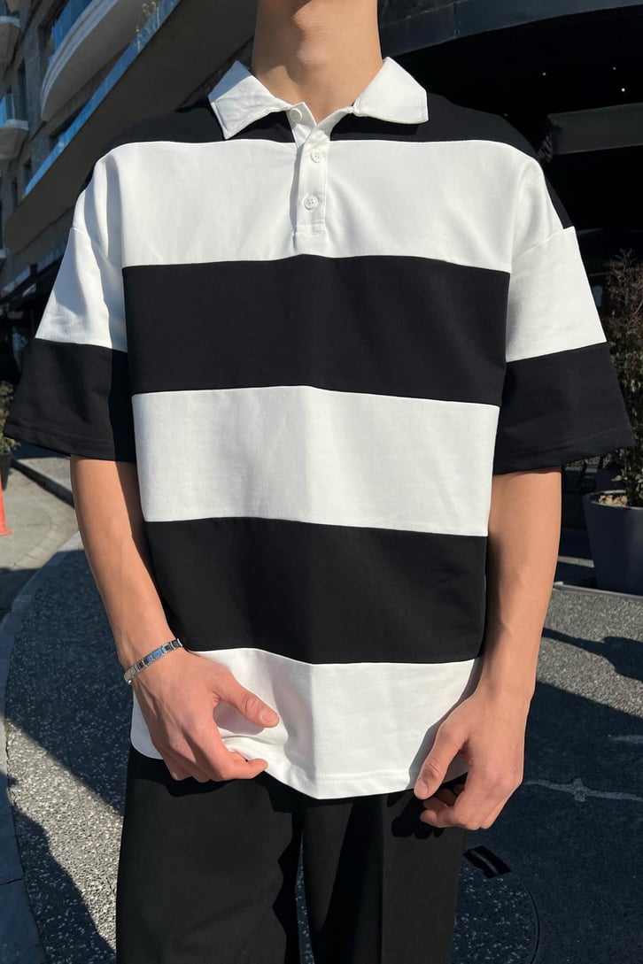 Polo Yaka Yatay Çizgili Gri Oversize Tişört