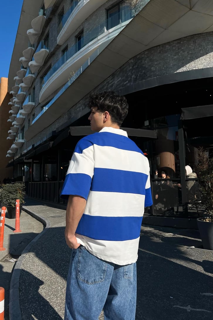 Polo Yaka Yatay Çizgili Gri Oversize Tişört