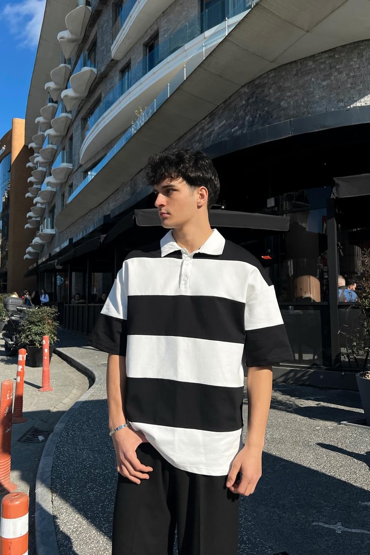 Polo Yaka Yatay Çizgili Gri Oversize Tişört