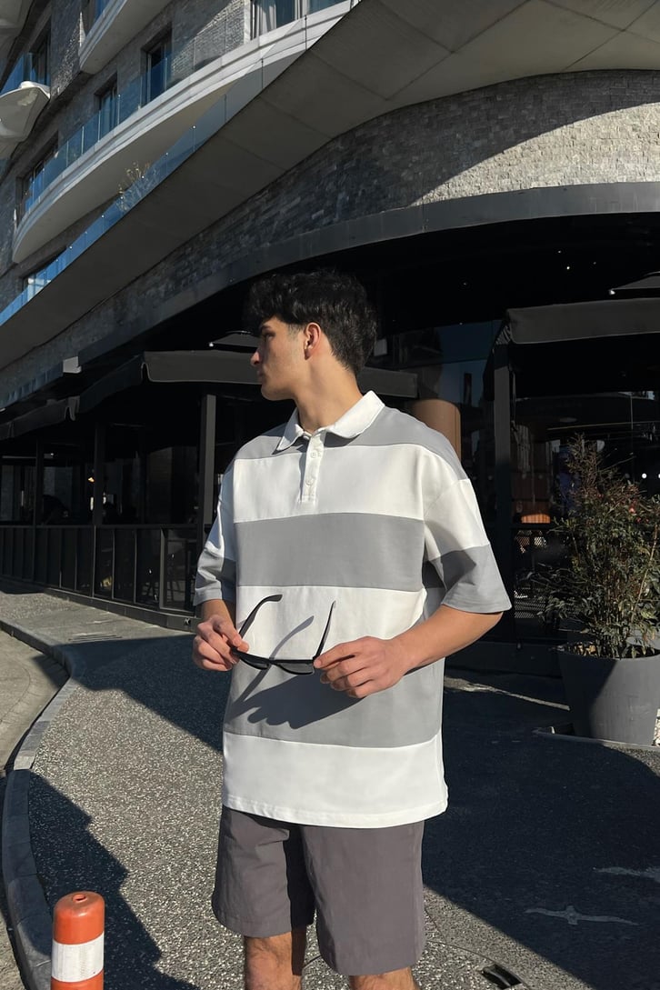 Polo Yaka Yatay Çizgili Gri Oversize Tişört
