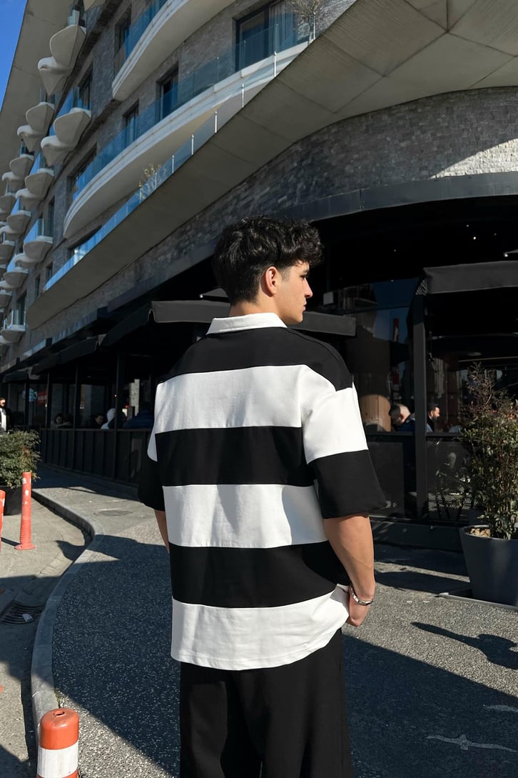Polo Yaka Yatay Çizgili Gri Oversize Tişört