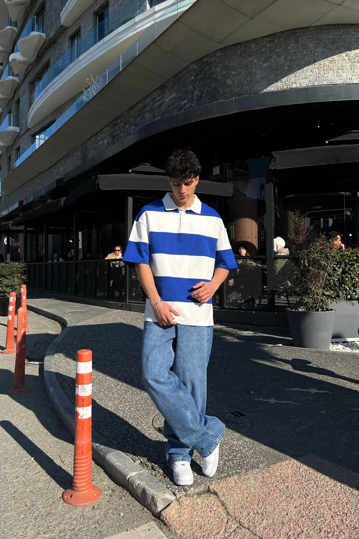 Polo Yaka Yatay Çizgili Gri Oversize Tişört