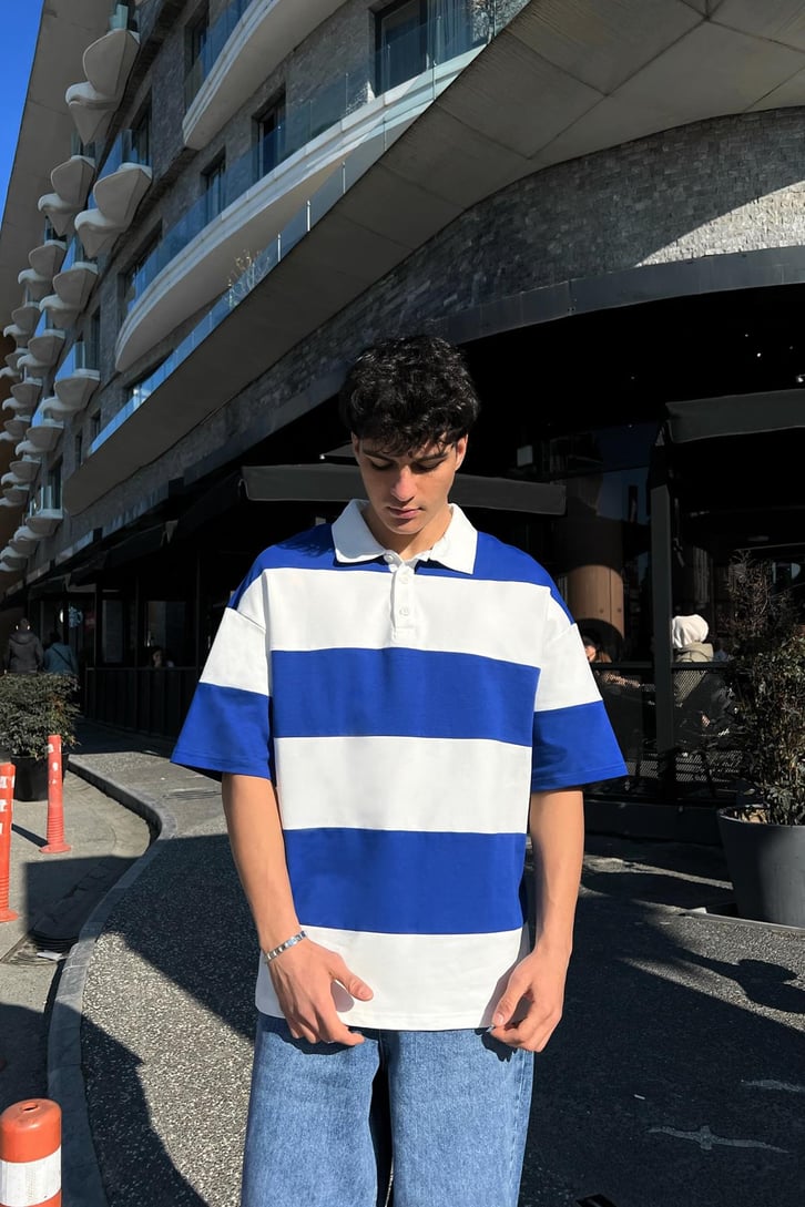 Polo Yaka Yatay Çizgili Gri Oversize Tişört