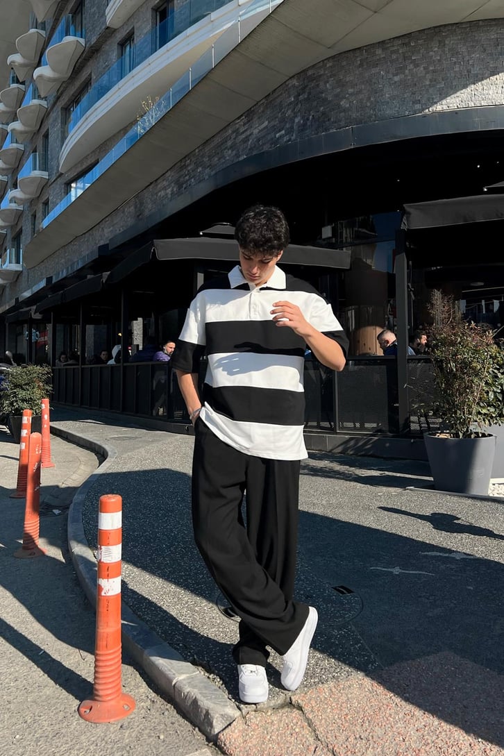 Polo Yaka Yatay Çizgili Gri Oversize Tişört