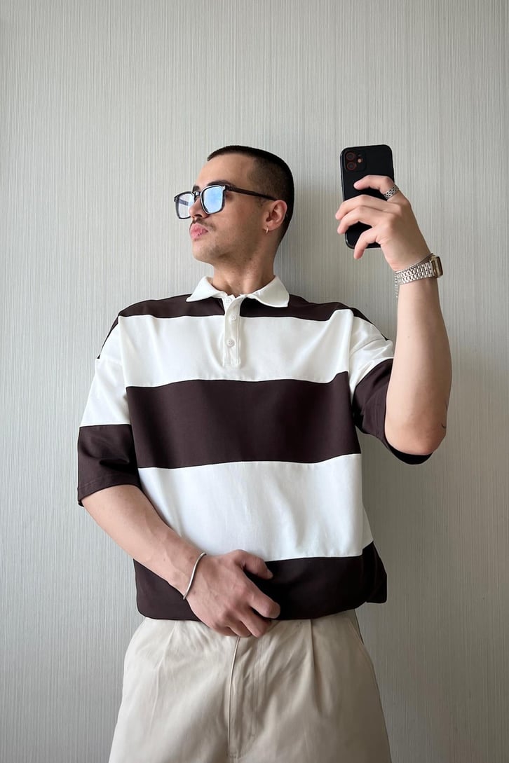 Polo Yaka Yatay Çizgili Oversize Tişört