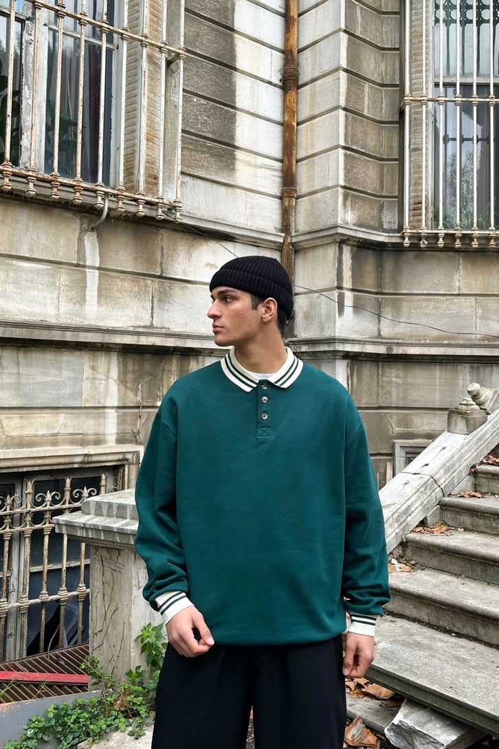 Polo Yaka Yeşil Oversize Sweatshirt
