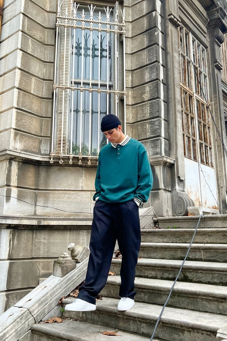 Polo Yaka Yeşil Oversize Sweatshirt