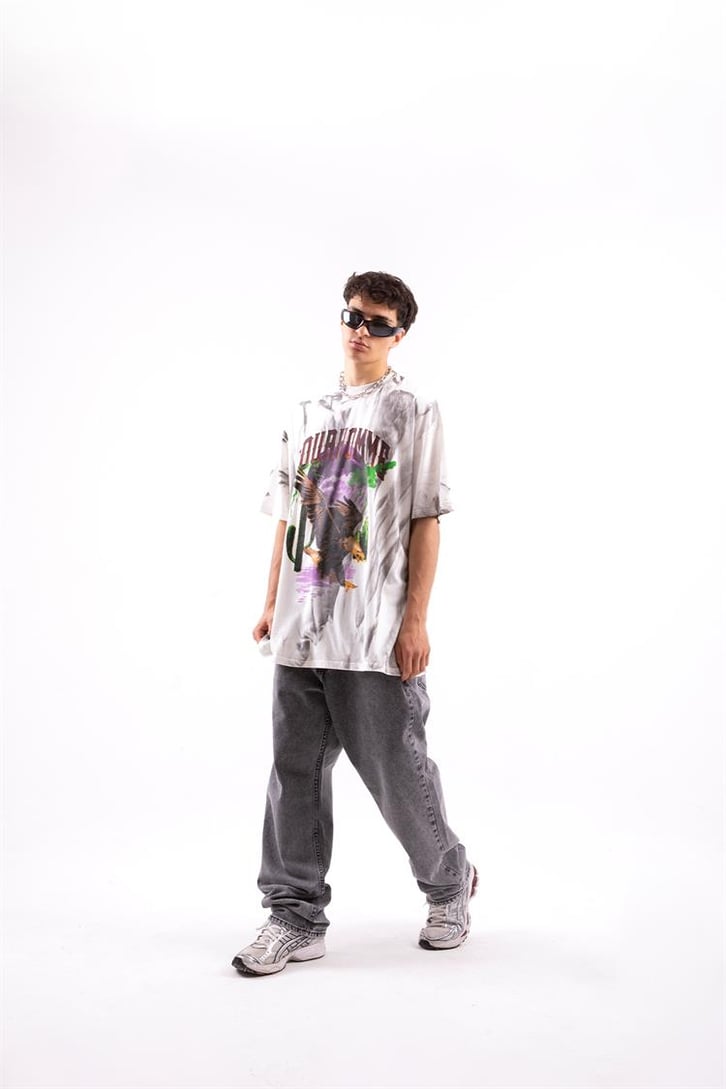 Pour Homme Batik Desen Beyaz Oversize Tshirt