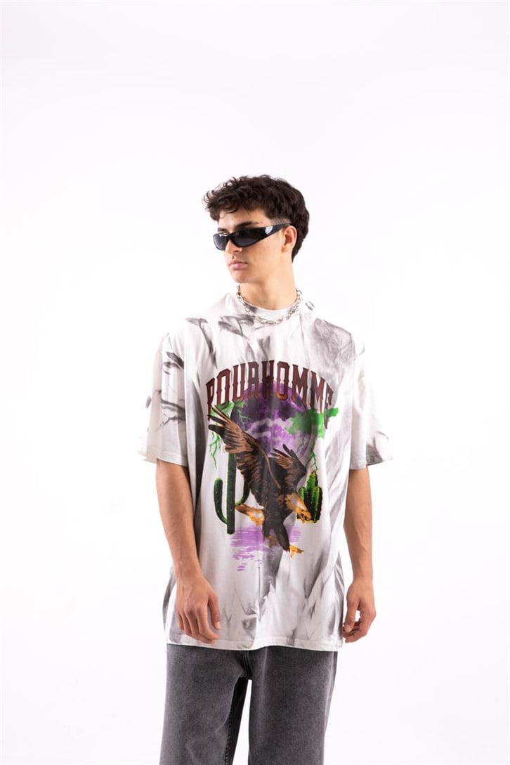 Pour Homme Batik Desen Beyaz Oversize Tshirt