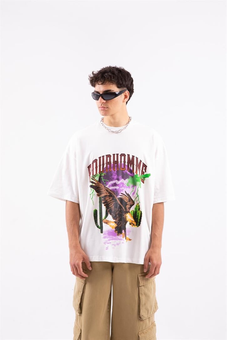 Pour Homme Eagle Baskılı Beyaz Oversize Tshirt